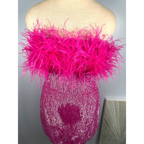 Retrofete Torin Fuchsia Pink Sequin Feather Hem Mini Dress Size Medium - Picture 6 of 10